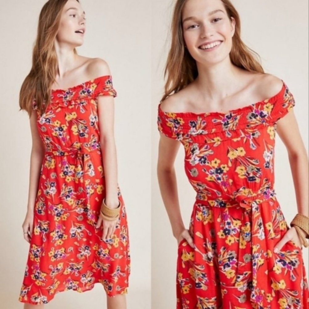 Anthropologie 52 Conversations Red Floral Off-Shoulder Midi Dress